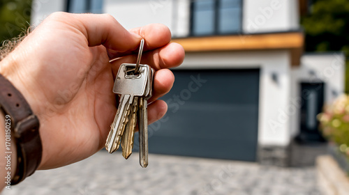 A person holding the keys to their new home, with the exterior of that house in the background