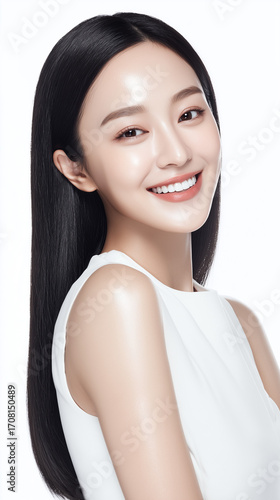 Beautiful Korean woman smiling with long black hair and radiant skin in a bright setting