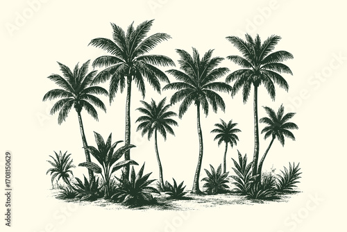 a lush, hand-drawn illustration depicting a cluster of vibrant palm trees swaying gently, evoking a tropical and relaxing atmosphere.