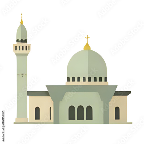 Stylized illustration of a mosque, featuring a minaret and dome.