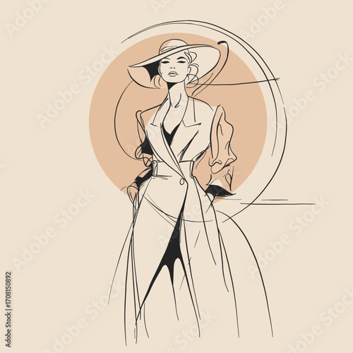 Minimalist line art of an elegant woman in coat and wide hat, symbolizing chic and timeless style
