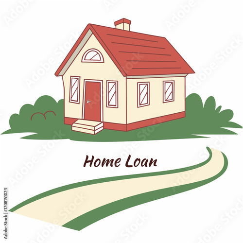 Illustration of a house with a red roof and the words home loan below it