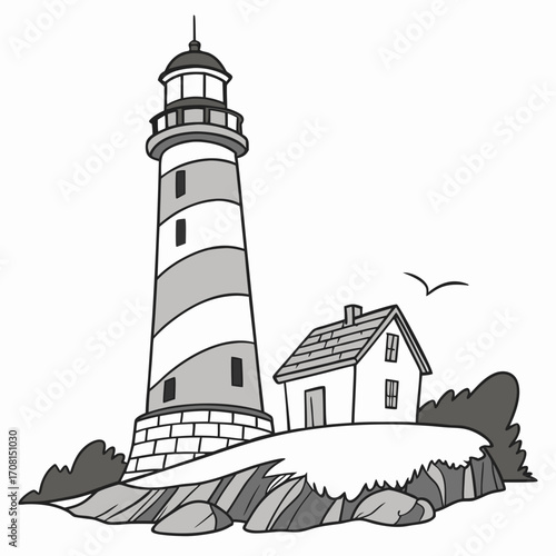 Illustration of a lighthouse with a small house