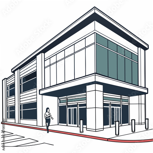 Illustration of a modern office building with a woman