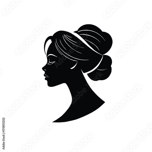 Black silhouette of a woman’s profile with styled hair bun and delicate features, ideal for beauty, fashion, and logo design projects