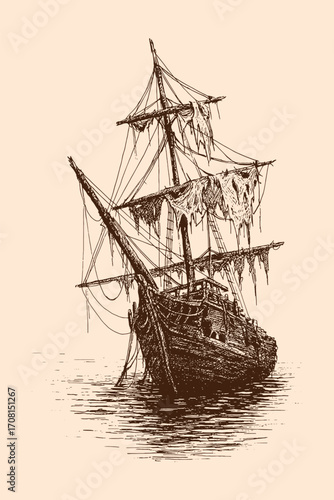 a vintage engraving style illustration of an old sailing ship, possibly a galleon or caravel, navigating rough seas under a dramatic sky.