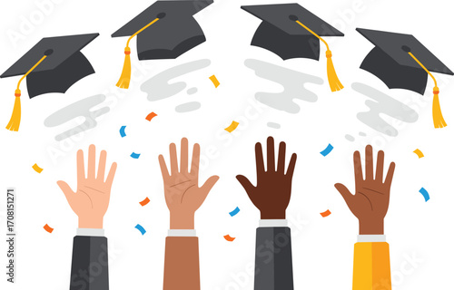 Graduation celebration vector illustration showing diverse hands throwing caps with confetti, symbolizing academic success, achievement, and festive student moment