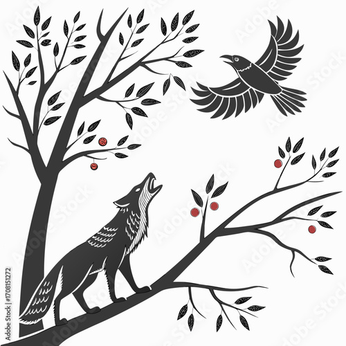 Wolf howling at raven in tree with apples