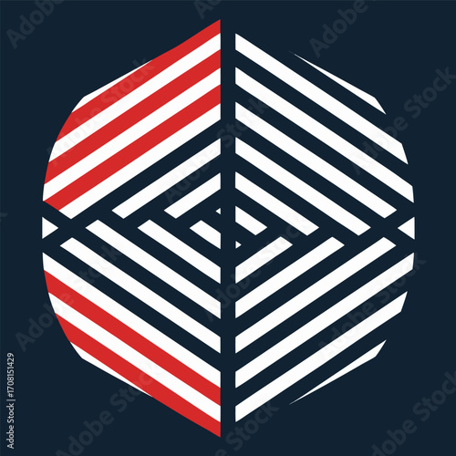 Hexagonal abstract geometric design with red white and dark blue striped segments pattern