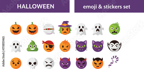 Halloween emoji and sticker set with jack-o'-lanterns, ghosts, mummies, devils, vampires, candy, and spooky cartoon expressions