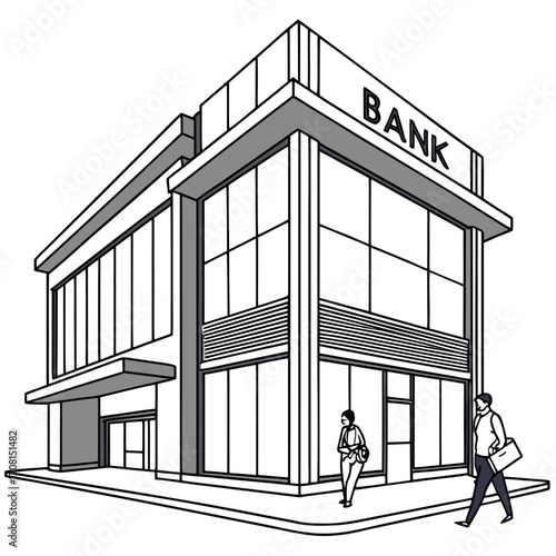 Illustration of a bank building with people