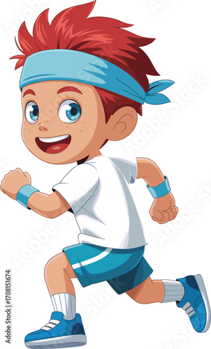 Cartoon child running, sporty boy illustration, vector art, athletic outfit, cheerful expression, blue headband, fitness theme, energetic pose, healthy lifestyle