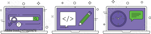 Laptop Screens with Search Bar, Coding Symbols, and Time Icons for Technology, Education, and Digital Productivity Illustration Set