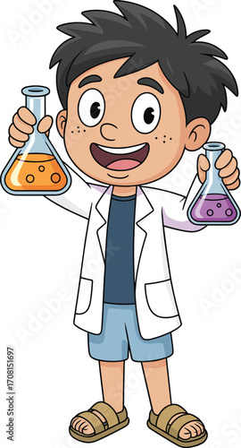 Cartoon boy scientist, vector illustration, young chemist character, kid in lab coat, holding flasks, science experiment, educational stock image
