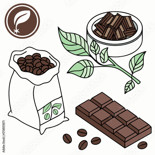 Coffee beans and chocolate, vector illustration