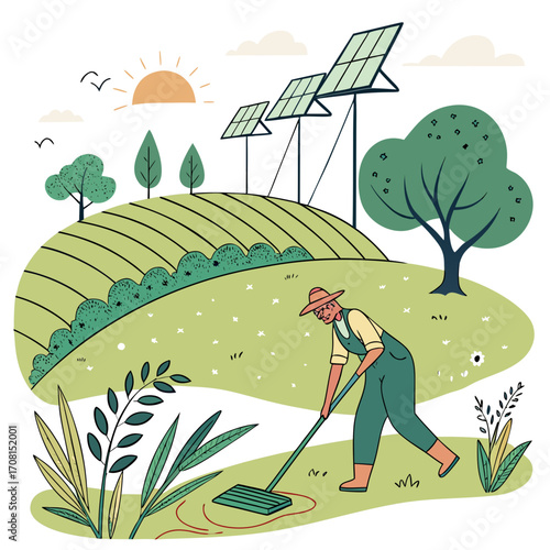 Farmer working in field with solar panels, sustainable agriculture concept