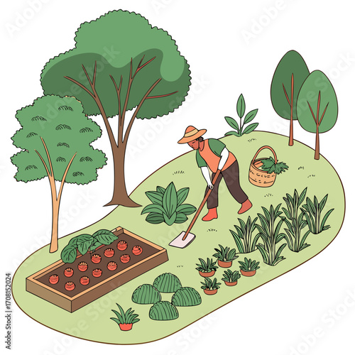Farmer working on the garden with plants and basket