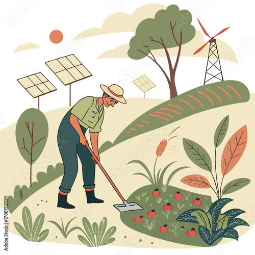 Farmer working on the field with solar panels and windmill
