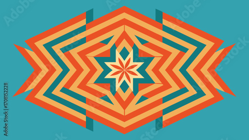 Hexagonal Geometric Pattern with Starburst Center in Orange and Teal vector illustration
