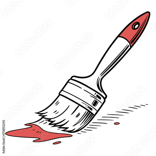 Paint brush with red paint dripping from the bristles