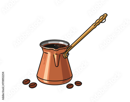 Traditional coffee pot for brewing Turkish hot coffee. Vector flat illustration