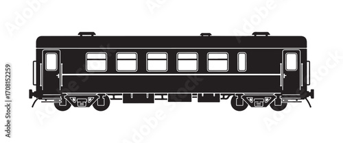 Train carriage symbol. Dark silhouette. Lateral perspective. Vector basic flat graphic depiction. Standalone item on a white backdrop. Isolate
