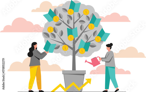 Financial growth illustration with money tree, people investing, watering plant, dollar leaves, upward arrow, and eco-friendly investment concept
