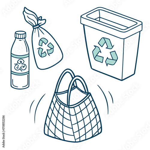 Recycle bin and reusable bag, vector illustration