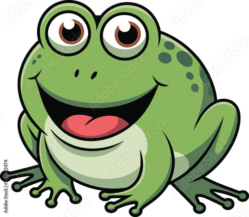 Cartoon frog smiling, green amphibian character, cute frog illustration, vector art, expressive eyes, red tongue, children content, playful design