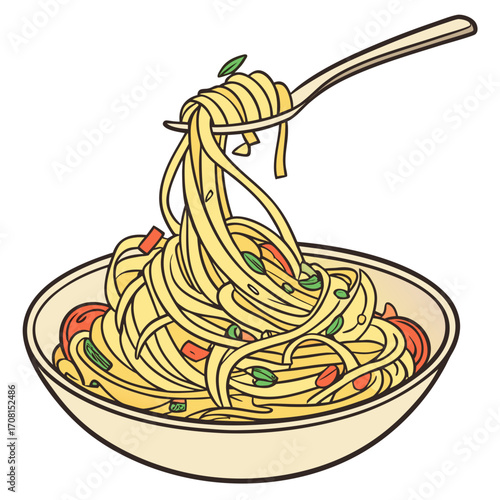 Bowl of spaghetti with tomatoes and basil