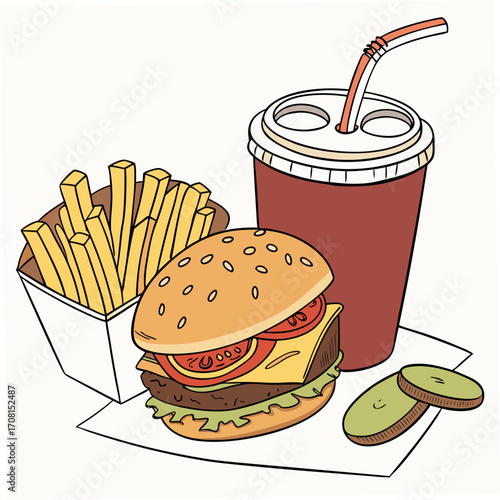 Burger with french fries and soda illustration