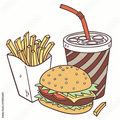 Fast food burger with fries and soda image