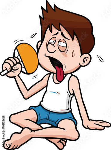 Cartoon hot sweating boy, heatwave, summer heat, tired child, exhaustion, fan, tongue out, sitting, hot weather vector, dehydration risk
