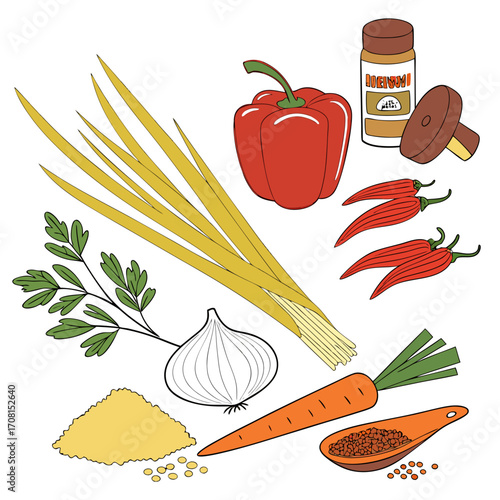 Hand drawn set of vegetables and spices