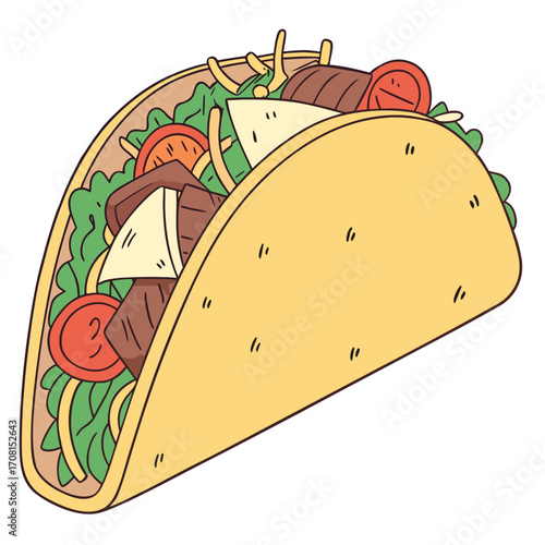 Hand drawn taco with beef, cheese, lettuce, and tomato