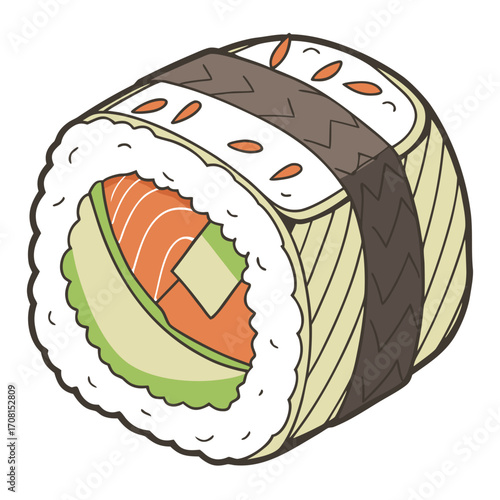 One delicious maki sushi roll with salmon and avocado