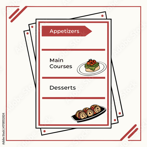 Restaurant menu template with appetizers, main courses and desserts isolated