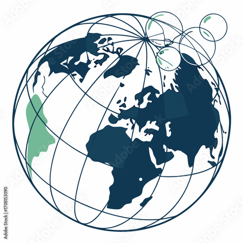 Illustration of a globe showing continents and bubbles