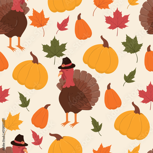 Turkey bird, pumpkin and leaves seamless pattern for Thanksgiving holiday. Vector illustration for wallpaper, packaging, wrapping and background.