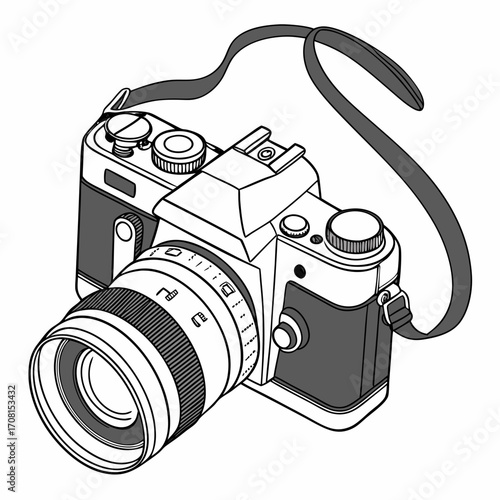 Vintage camera with strap, photography equipment