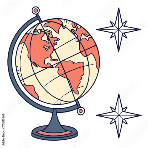 Vintage globe with compass rose vector illustration