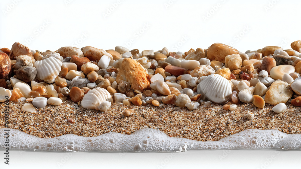 Obraz premium Smooth pebbles and shells tumble on sandy beach shoreline with gentle wave foam