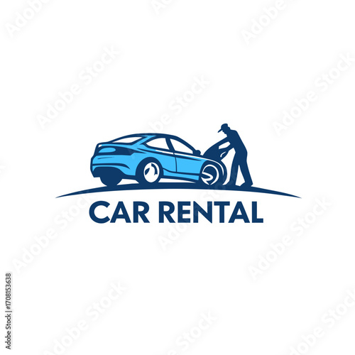 Car rental service logo with mechanic and vehicle