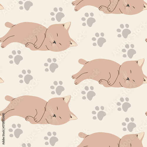Sleeping cat seamless pattern. Cartoon cat characters seamless pattern. 