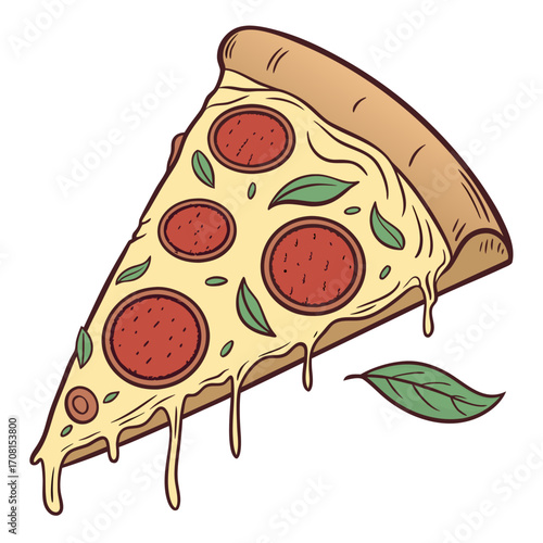 Delicious slice of pepperoni pizza with basil