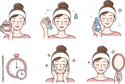 Skincare Routine Steps with Cream, Serum, Toner, Timing, Massage, and Mirror Check for Healthy Skin and Beauty Illustration