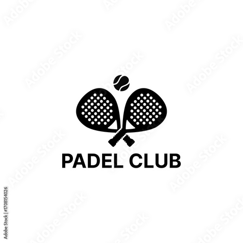A minimalist black and white design featuring two crossed padel rackets and a ball, perfect for a sports club or team emblem on a clean background.