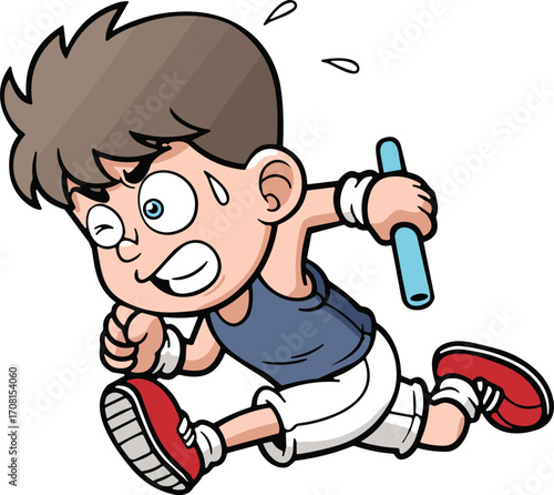 Cartoon relay runner, athletic boy illustration, sports competition vector, running character design, race event artwork, dynamic motion, stock image graphic