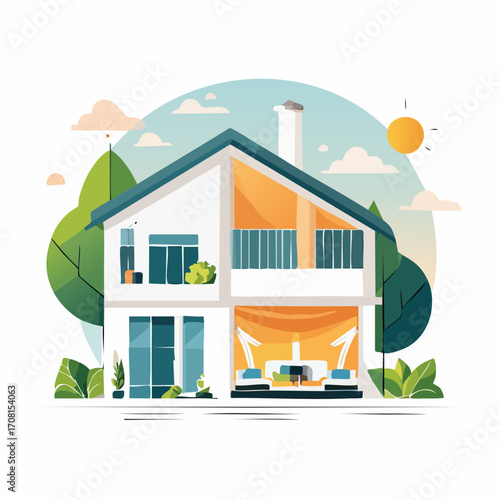 Modern Two Story House Illustration with Orange Interior Accents