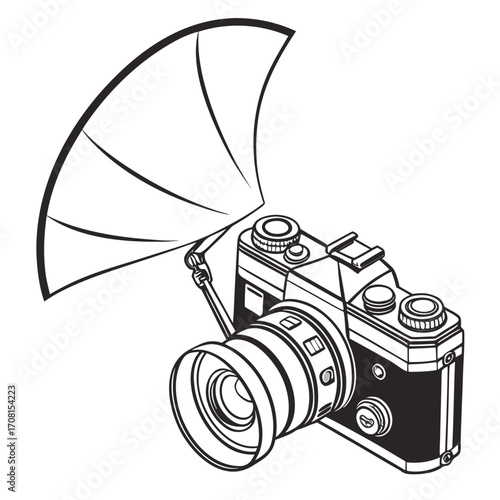 Vintage single lens reflex camera with flash